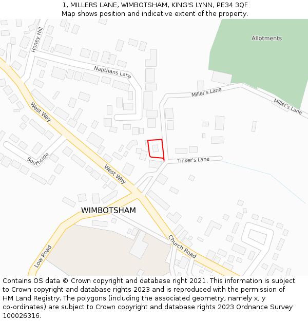 1, MILLERS LANE, WIMBOTSHAM, KING'S LYNN, PE34 3QF: Location map and indicative extent of plot