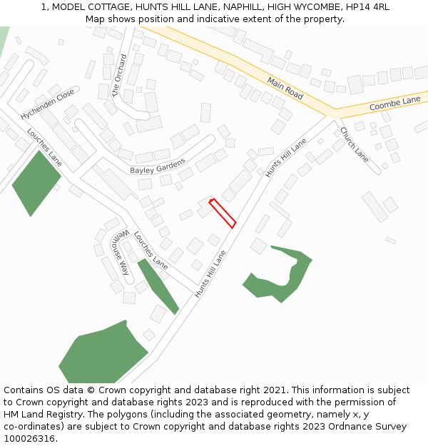 1, MODEL COTTAGE, HUNTS HILL LANE, NAPHILL, HIGH WYCOMBE, HP14 4RL: Location map and indicative extent of plot