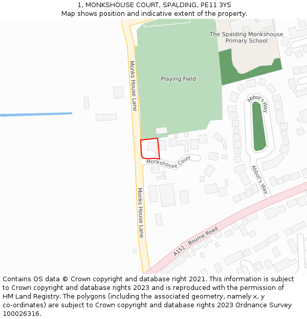 1, MONKSHOUSE COURT, SPALDING, PE11 3YS: Location map and indicative extent of plot