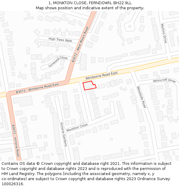 1, MONKTON CLOSE, FERNDOWN, BH22 9LL: Location map and indicative extent of plot