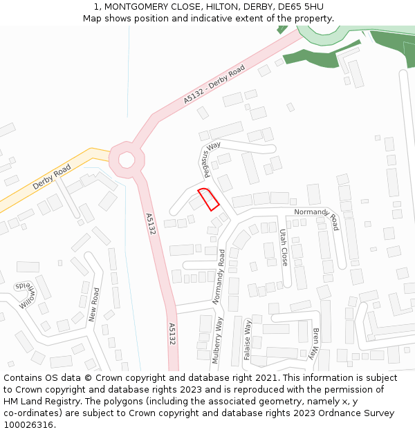 1, MONTGOMERY CLOSE, HILTON, DERBY, DE65 5HU: Location map and indicative extent of plot