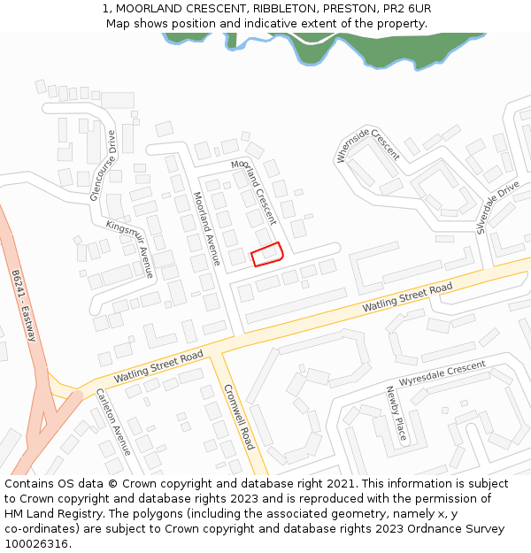 1, MOORLAND CRESCENT, RIBBLETON, PRESTON, PR2 6UR: Location map and indicative extent of plot