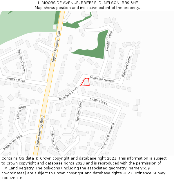 1, MOORSIDE AVENUE, BRIERFIELD, NELSON, BB9 5HE: Location map and indicative extent of plot