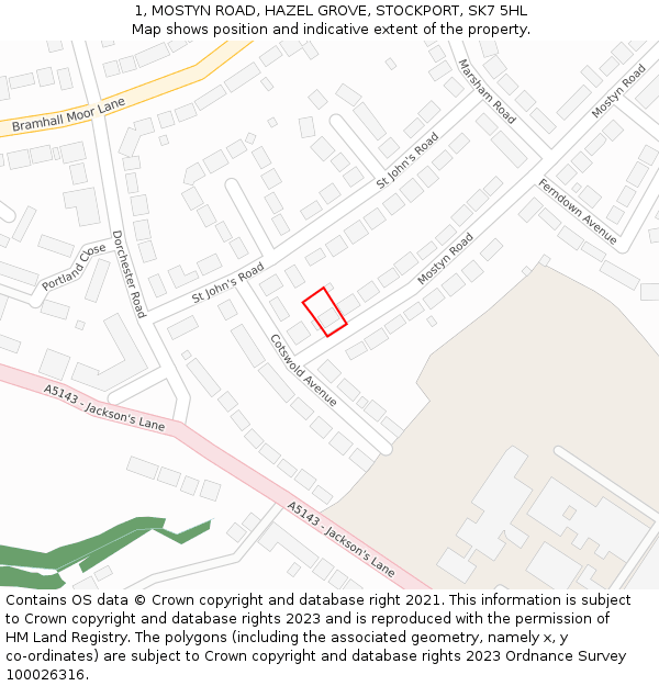 1, MOSTYN ROAD, HAZEL GROVE, STOCKPORT, SK7 5HL: Location map and indicative extent of plot