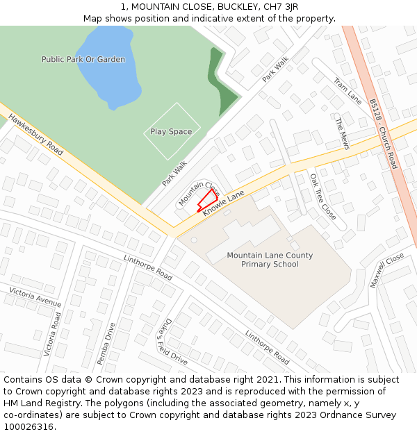 1, MOUNTAIN CLOSE, BUCKLEY, CH7 3JR: Location map and indicative extent of plot