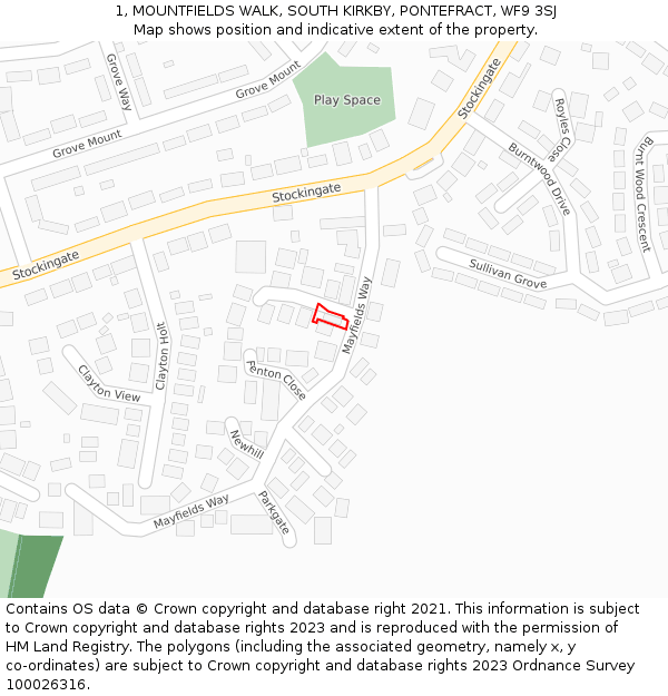 1, MOUNTFIELDS WALK, SOUTH KIRKBY, PONTEFRACT, WF9 3SJ: Location map and indicative extent of plot