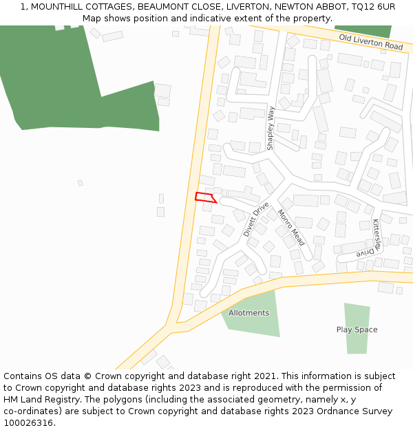 1, MOUNTHILL COTTAGES, BEAUMONT CLOSE, LIVERTON, NEWTON ABBOT, TQ12 6UR: Location map and indicative extent of plot