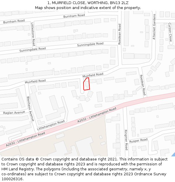 1, MUIRFIELD CLOSE, WORTHING, BN13 2LZ: Location map and indicative extent of plot