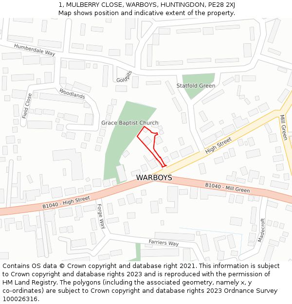 1, MULBERRY CLOSE, WARBOYS, HUNTINGDON, PE28 2XJ: Location map and indicative extent of plot