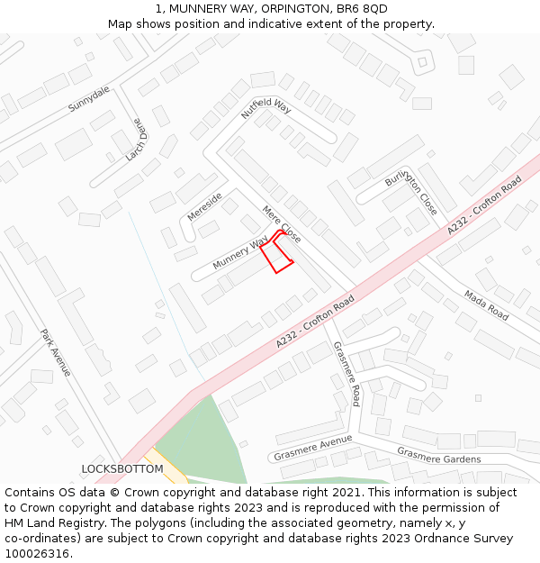 1, MUNNERY WAY, ORPINGTON, BR6 8QD: Location map and indicative extent of plot