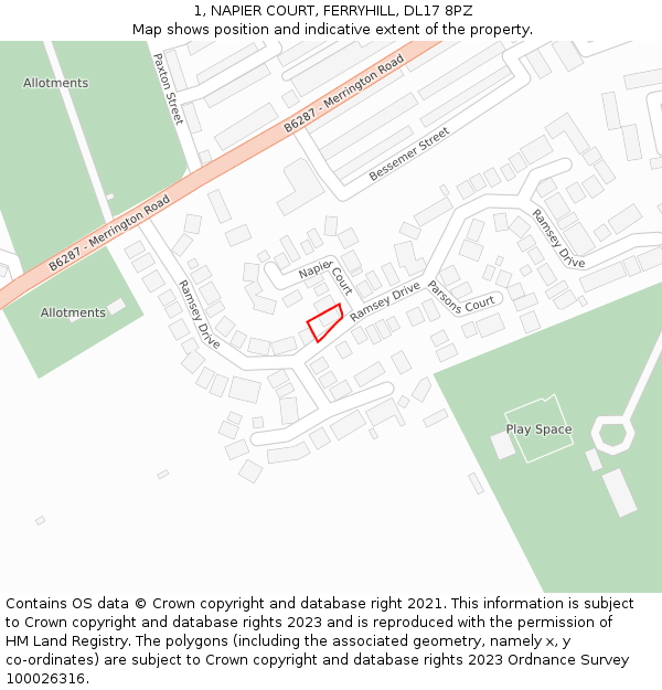 1, NAPIER COURT, FERRYHILL, DL17 8PZ: Location map and indicative extent of plot