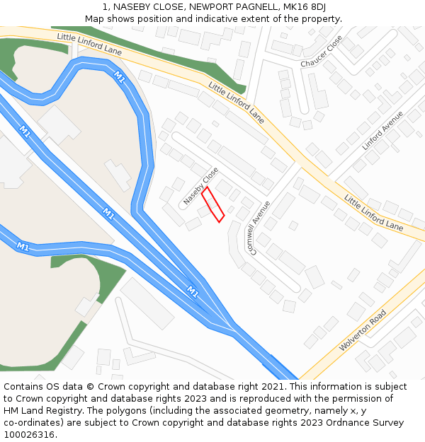 1, NASEBY CLOSE, NEWPORT PAGNELL, MK16 8DJ: Location map and indicative extent of plot