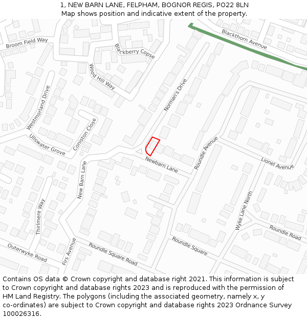 1, NEW BARN LANE, FELPHAM, BOGNOR REGIS, PO22 8LN: Location map and indicative extent of plot