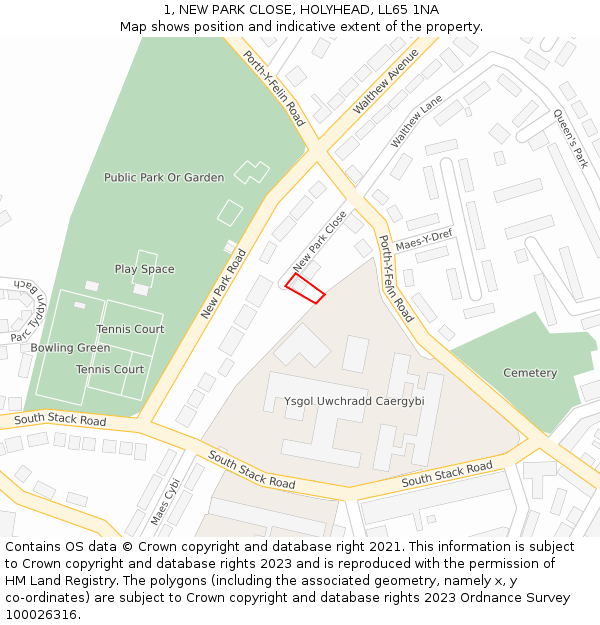 1, NEW PARK CLOSE, HOLYHEAD, LL65 1NA: Location map and indicative extent of plot