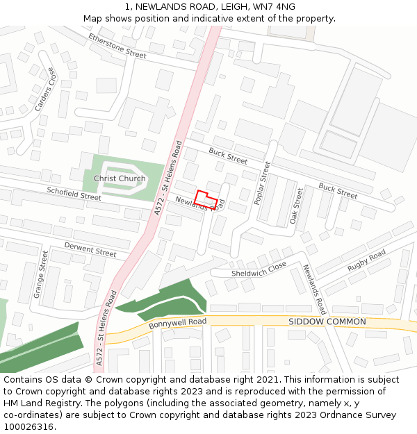 1, NEWLANDS ROAD, LEIGH, WN7 4NG: Location map and indicative extent of plot