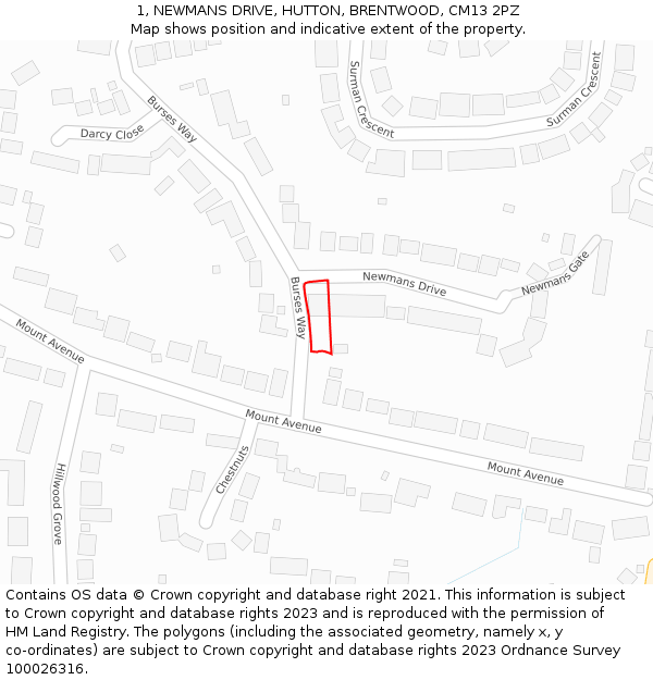 1, NEWMANS DRIVE, HUTTON, BRENTWOOD, CM13 2PZ: Location map and indicative extent of plot