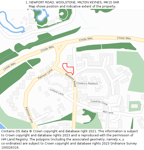 1, NEWPORT ROAD, WOOLSTONE, MILTON KEYNES, MK15 0AR: Location map and indicative extent of plot