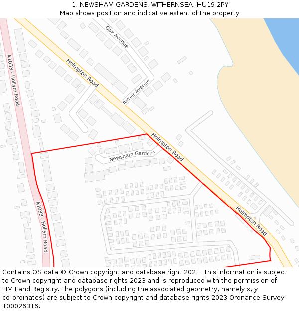 1, NEWSHAM GARDENS, WITHERNSEA, HU19 2PY: Location map and indicative extent of plot