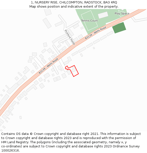 1, NURSERY RISE, CHILCOMPTON, RADSTOCK, BA3 4RQ: Location map and indicative extent of plot