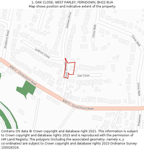 1, OAK CLOSE, WEST PARLEY, FERNDOWN, BH22 8UA: Location map and indicative extent of plot