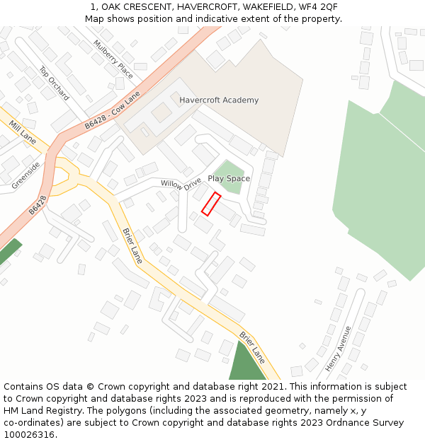 1, OAK CRESCENT, HAVERCROFT, WAKEFIELD, WF4 2QF: Location map and indicative extent of plot