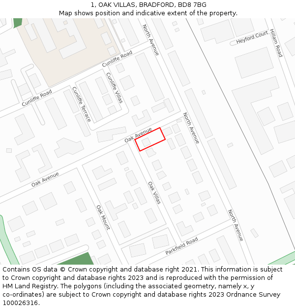 1, OAK VILLAS, BRADFORD, BD8 7BG: Location map and indicative extent of plot