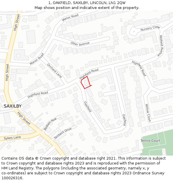 1, OAKFIELD, SAXILBY, LINCOLN, LN1 2QW: Location map and indicative extent of plot