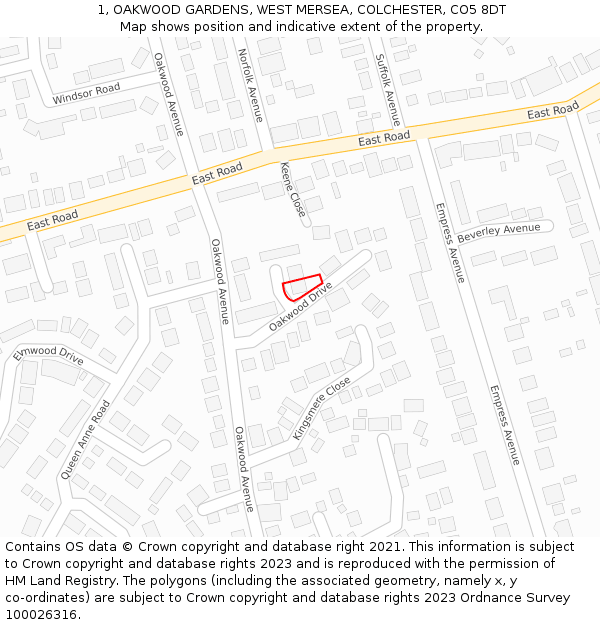 1, OAKWOOD GARDENS, WEST MERSEA, COLCHESTER, CO5 8DT: Location map and indicative extent of plot