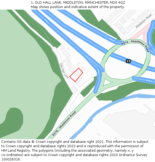 1, OLD HALL LANE, MIDDLETON, MANCHESTER, M24 4GZ: Location map and indicative extent of plot