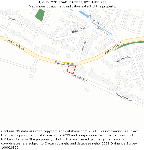 1, OLD LYDD ROAD, CAMBER, RYE, TN31 7RE: Location map and indicative extent of plot