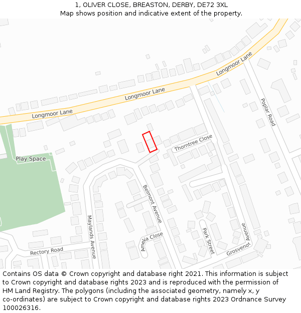 1, OLIVER CLOSE, BREASTON, DERBY, DE72 3XL: Location map and indicative extent of plot