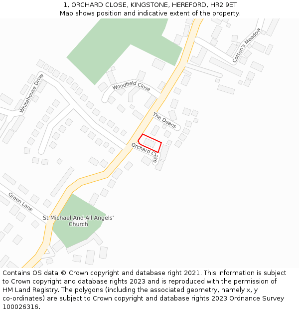 1, ORCHARD CLOSE, KINGSTONE, HEREFORD, HR2 9ET: Location map and indicative extent of plot