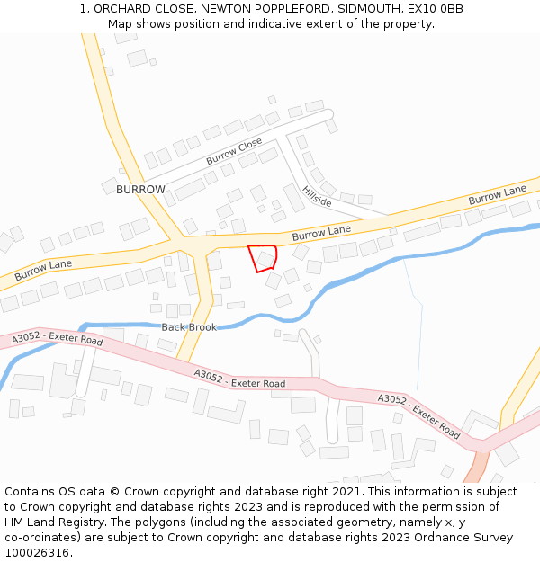 1, ORCHARD CLOSE, NEWTON POPPLEFORD, SIDMOUTH, EX10 0BB: Location map and indicative extent of plot