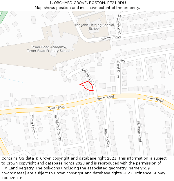 1, ORCHARD GROVE, BOSTON, PE21 9DU: Location map and indicative extent of plot