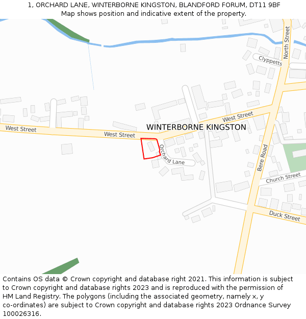 1, ORCHARD LANE, WINTERBORNE KINGSTON, BLANDFORD FORUM, DT11 9BF: Location map and indicative extent of plot