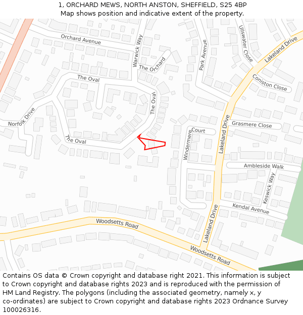 1, ORCHARD MEWS, NORTH ANSTON, SHEFFIELD, S25 4BP: Location map and indicative extent of plot