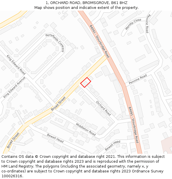 1, ORCHARD ROAD, BROMSGROVE, B61 8HZ: Location map and indicative extent of plot