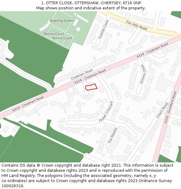 1, OTTER CLOSE, OTTERSHAW, CHERTSEY, KT16 0NP: Location map and indicative extent of plot