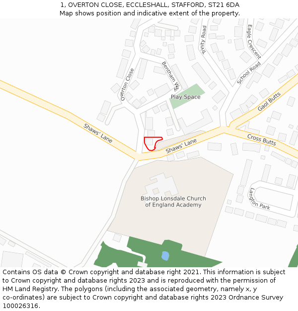 1, OVERTON CLOSE, ECCLESHALL, STAFFORD, ST21 6DA: Location map and indicative extent of plot