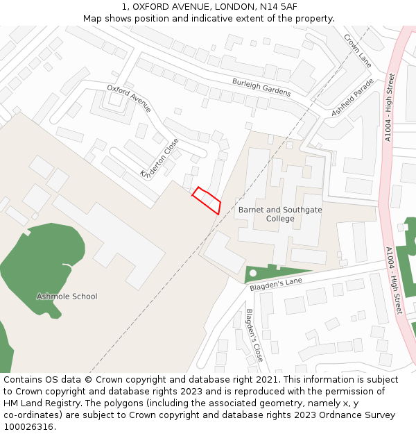 1, OXFORD AVENUE, LONDON, N14 5AF: Location map and indicative extent of plot