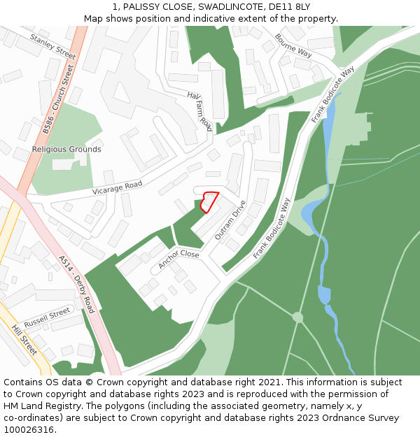 1, PALISSY CLOSE, SWADLINCOTE, DE11 8LY: Location map and indicative extent of plot