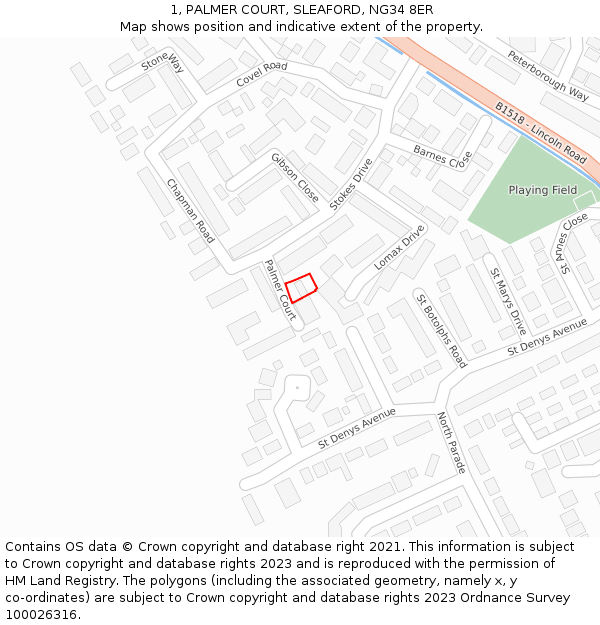 1, PALMER COURT, SLEAFORD, NG34 8ER: Location map and indicative extent of plot