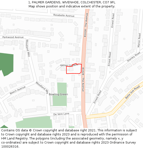 1, PALMER GARDENS, WIVENHOE, COLCHESTER, CO7 9FL: Location map and indicative extent of plot