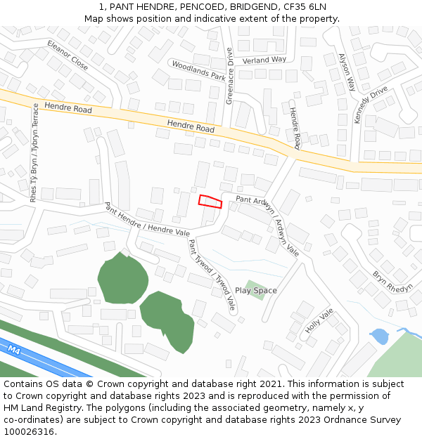 1, PANT HENDRE, PENCOED, BRIDGEND, CF35 6LN: Location map and indicative extent of plot