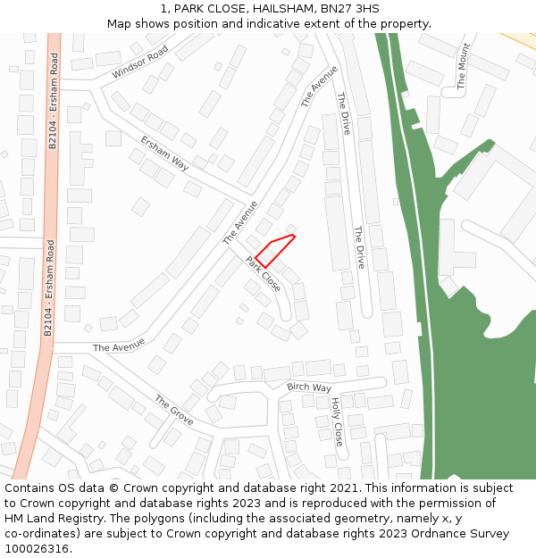 1, PARK CLOSE, HAILSHAM, BN27 3HS: Location map and indicative extent of plot