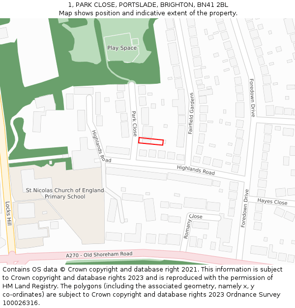 1, PARK CLOSE, PORTSLADE, BRIGHTON, BN41 2BL: Location map and indicative extent of plot