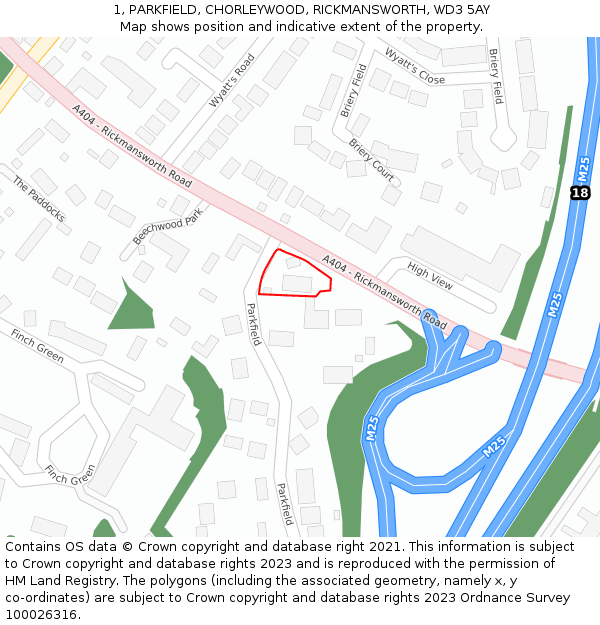 1, PARKFIELD, CHORLEYWOOD, RICKMANSWORTH, WD3 5AY: Location map and indicative extent of plot