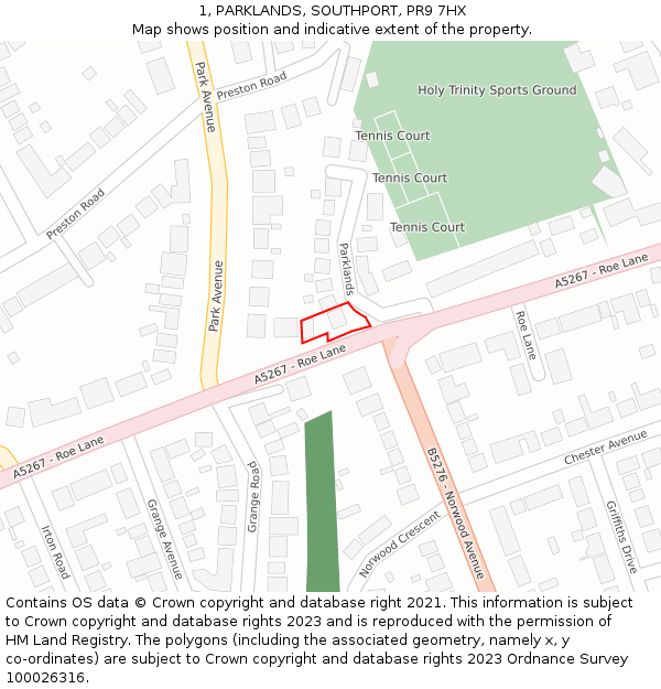 1, PARKLANDS, SOUTHPORT, PR9 7HX: Location map and indicative extent of plot