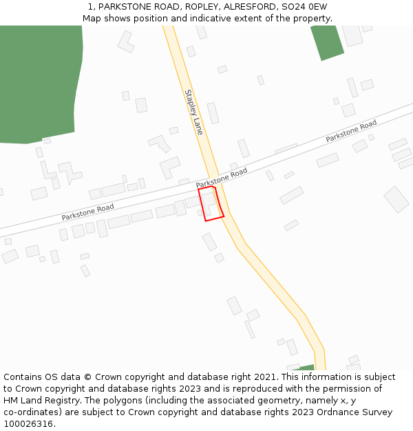 1, PARKSTONE ROAD, ROPLEY, ALRESFORD, SO24 0EW: Location map and indicative extent of plot