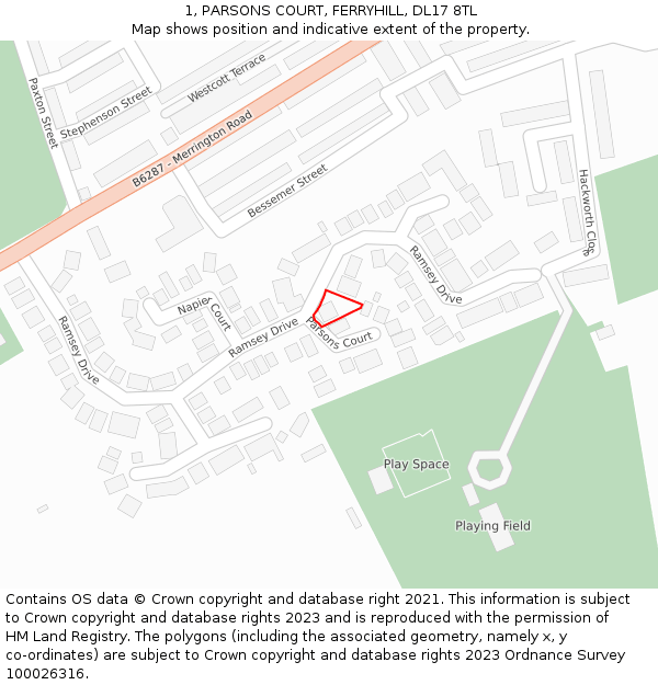 1, PARSONS COURT, FERRYHILL, DL17 8TL: Location map and indicative extent of plot